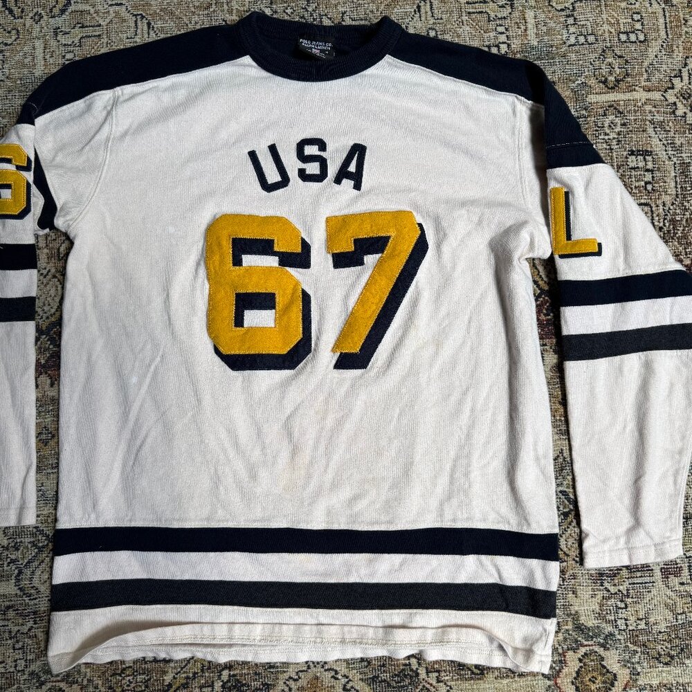 POLO RALPH LAUREN Men’s USA 67 Long Sleeve Shirt SIZE Medium White Blue Crewneck
